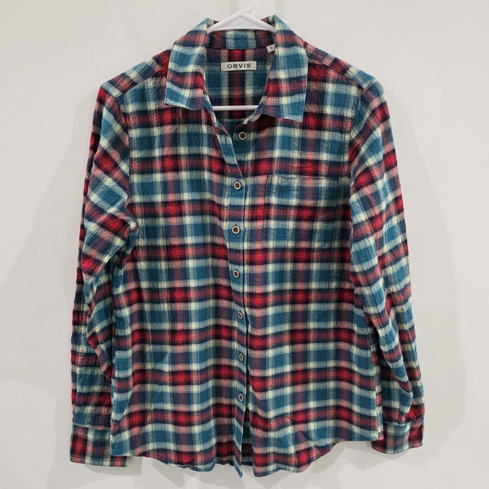 Orvis Womens Seersucker Button Up Top Size Small Plaid Outdoor Cotton Camping